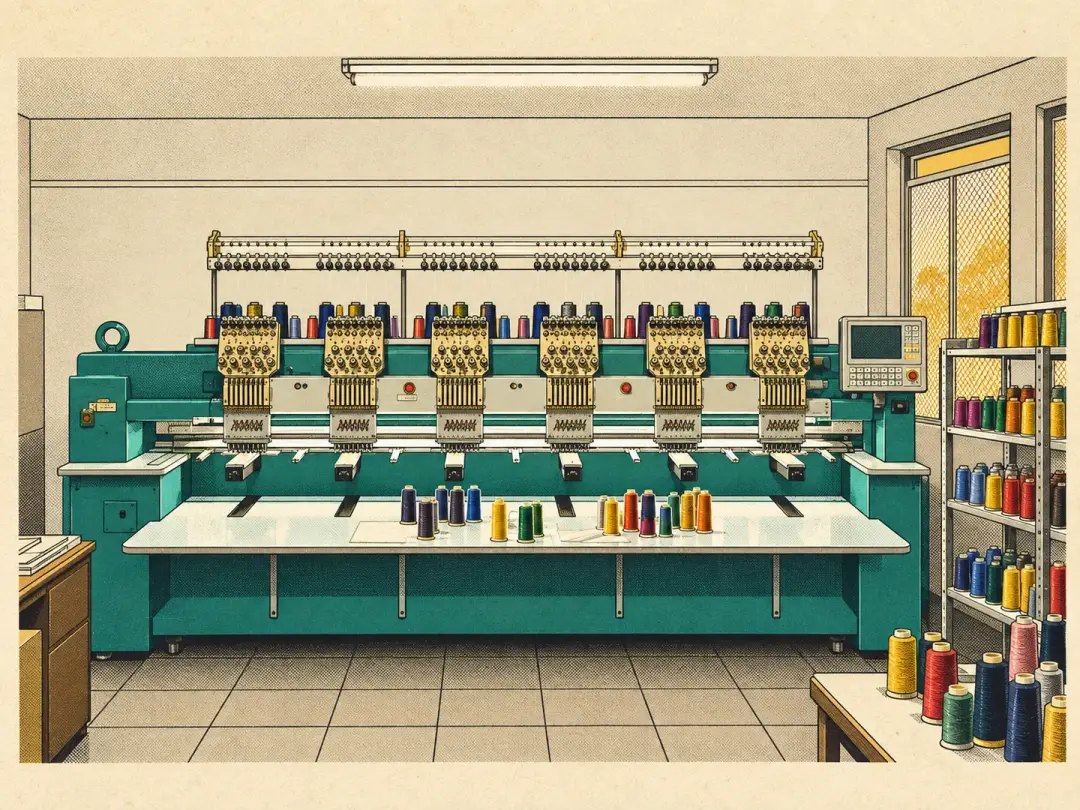 Retro screen-printed illustration of the embroidery workshop at Mary's Outfitters