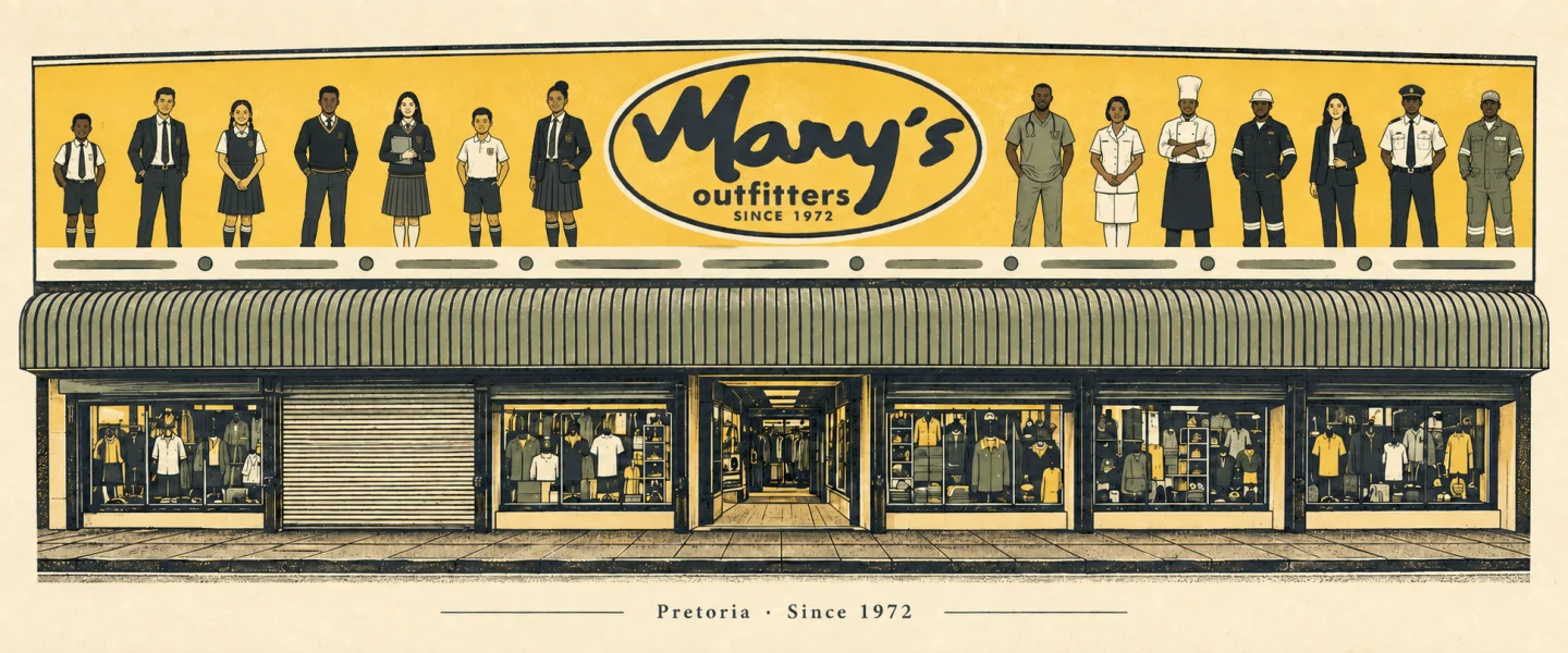Mary's Outfitters in Pretoria, with schoolwear and working uniforms on the shop sign