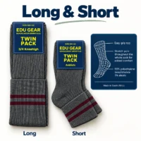 Twin Pack Grey School Socks with Maroon Stripes – Long & Short