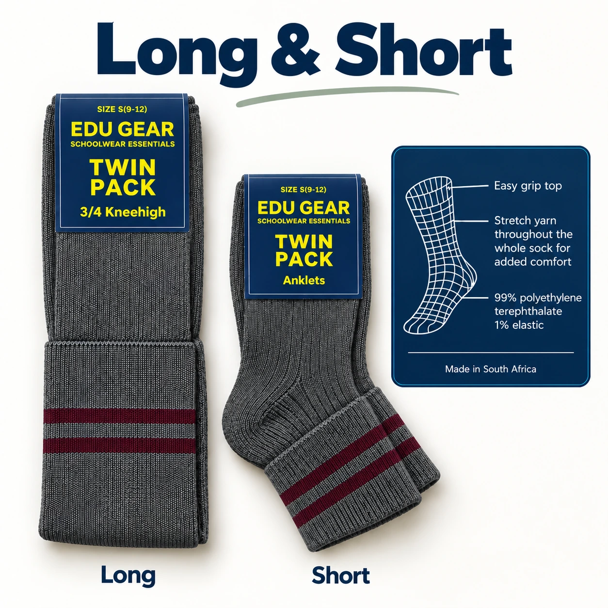 Twin Pack Grey School Socks with Maroon Stripes – Long & Short