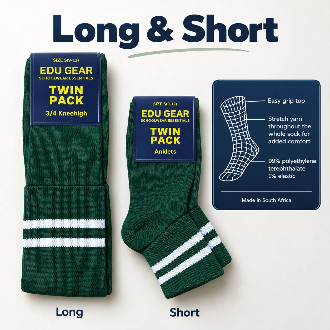 Twin Pack Green School Socks with White Stripes – Long & Short