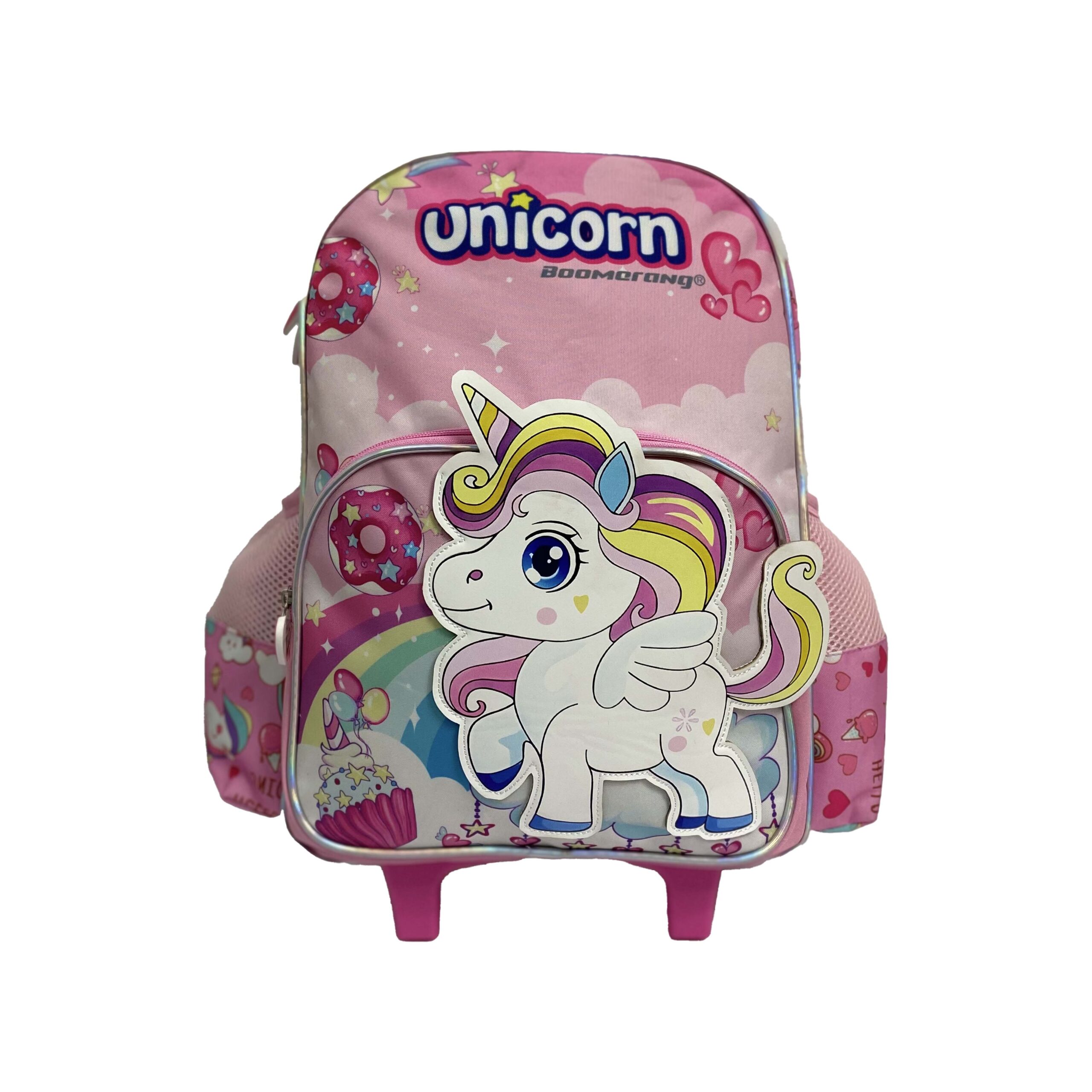 215-322 UnicornTrolley Backpack Front View School Mate Large Kids Trolley Back Pack Unicorn Pink - Image 1