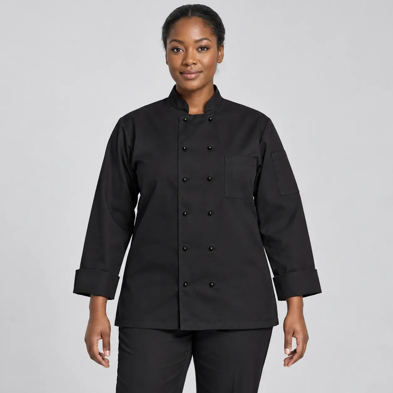 Double-Breasted Long-Sleeve Professional Chef Coat with Black Stud Buttons