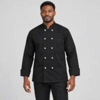 Double-Breasted Long-Sleeve Black Chef Coat with White Stud Buttons