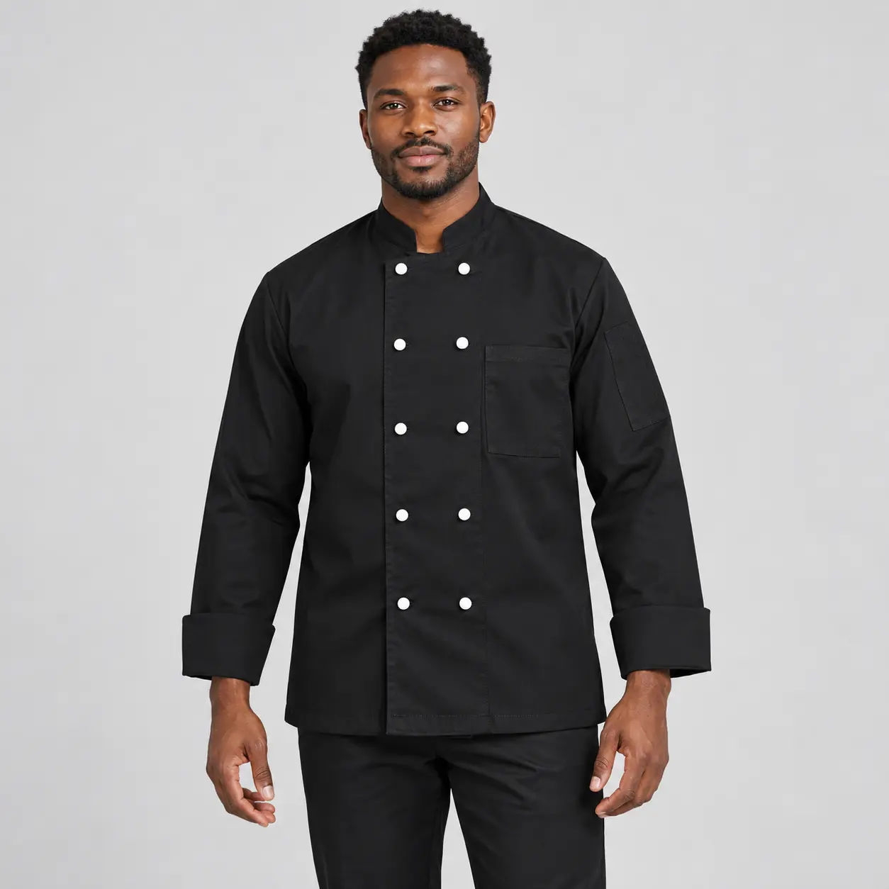 Double-Breasted Long-Sleeve Black Chef Coat with White Stud Buttons
