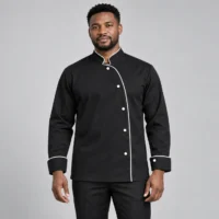 Asymmetric Black Chef Jacket with White Piping
