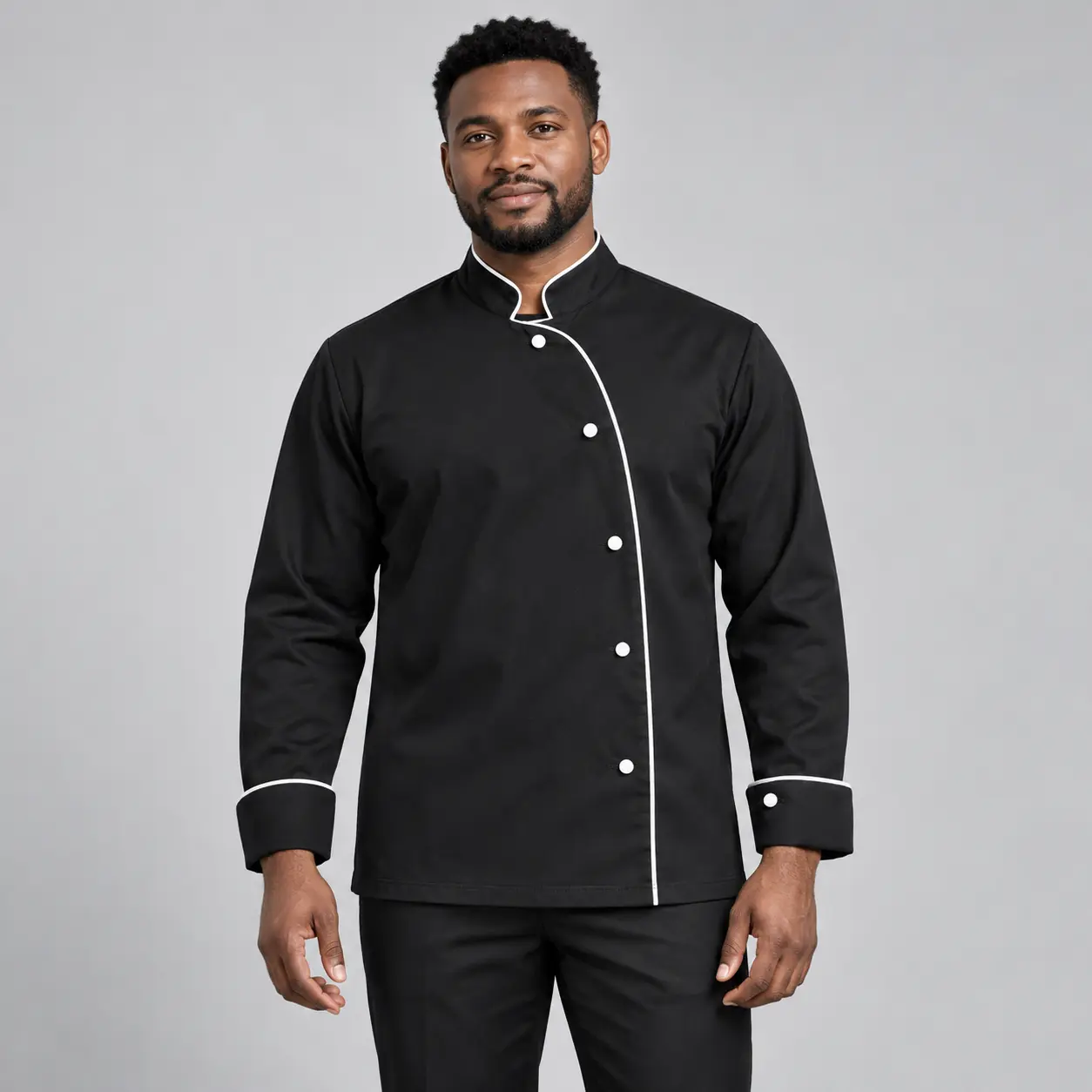 Asymmetric Black Chef Jacket with White Piping