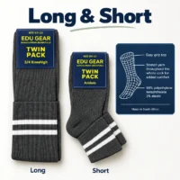 Twin Pack Grey School Socks with Maroon Stripes – Long & Short