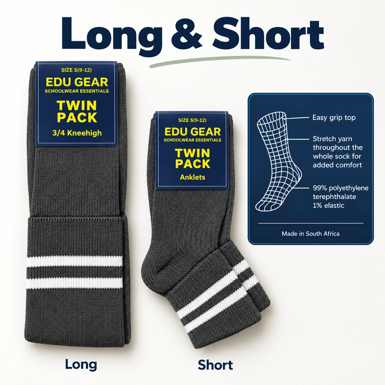 Twin Pack Grey School Socks with Maroon Stripes – Long & Short